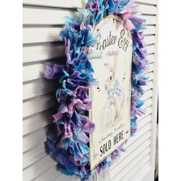 Hand Crafted Easter Bunny Egg Pastel Fabric Rag Wreath, Easter Egg Farms Sign - Picture 10 of 14